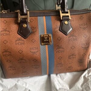 MCM Brown Coated Canvas Satchel with Blue and Orange Stripe